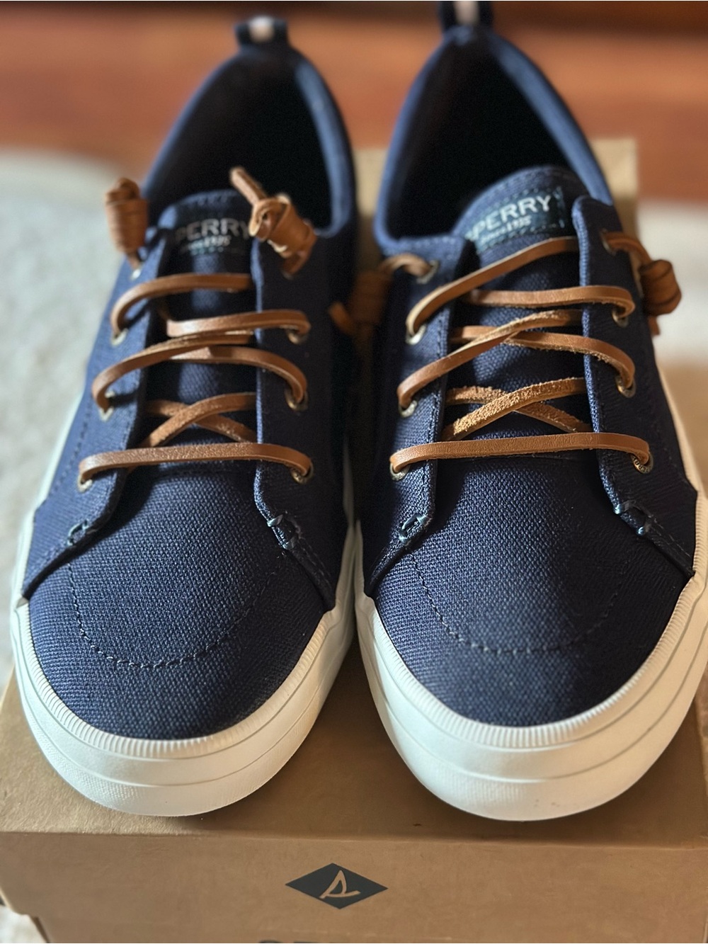 Sperry women's navy Canvas Boat Shoes with Brown Laces - Picture 2 of 6